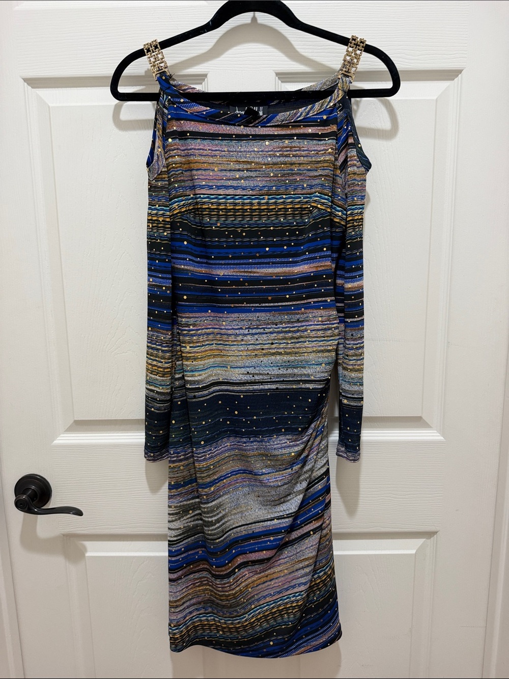 Joseph Ribkoff Striped Rhinestone Accent Cold Shoulder Sheath Midi Dress - 4